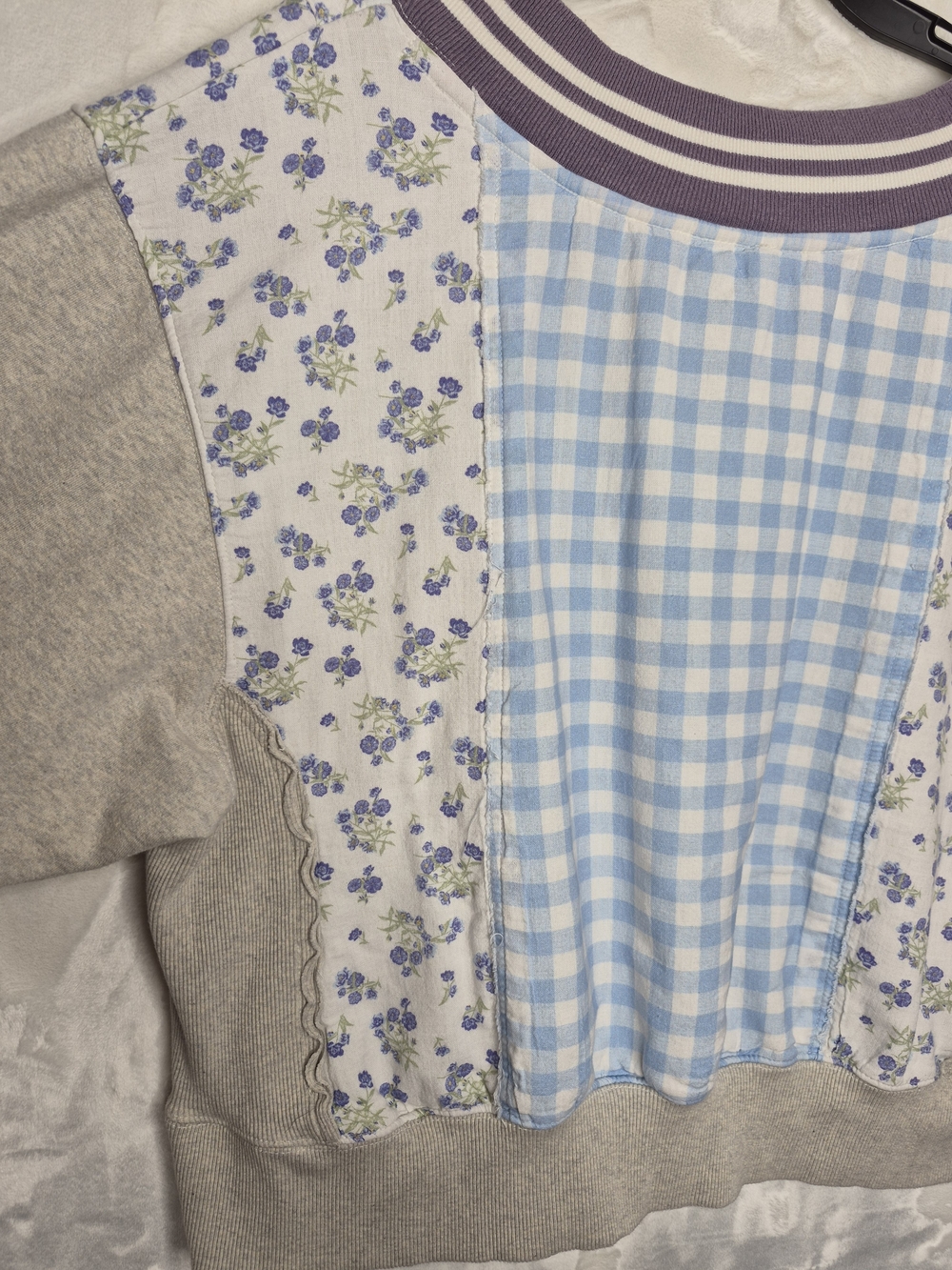 Free People Lucy Patchwork Gingham Floral Varsity V-Neck Sweatshirt Medium - Picture 13 of 15